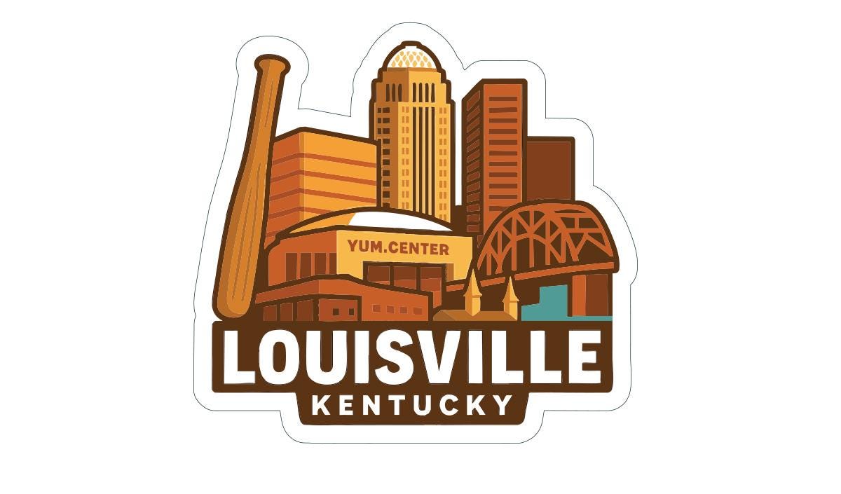 A sticker depicting the skyline of Louisville, Kentucky, with various landmarks and buildings, including the Yum Center stadium.