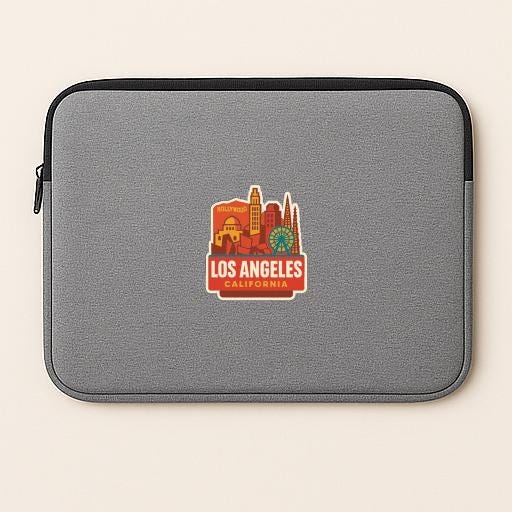 A gray laptop sleeve with a sticker of Los Angeles, California, printed on it.