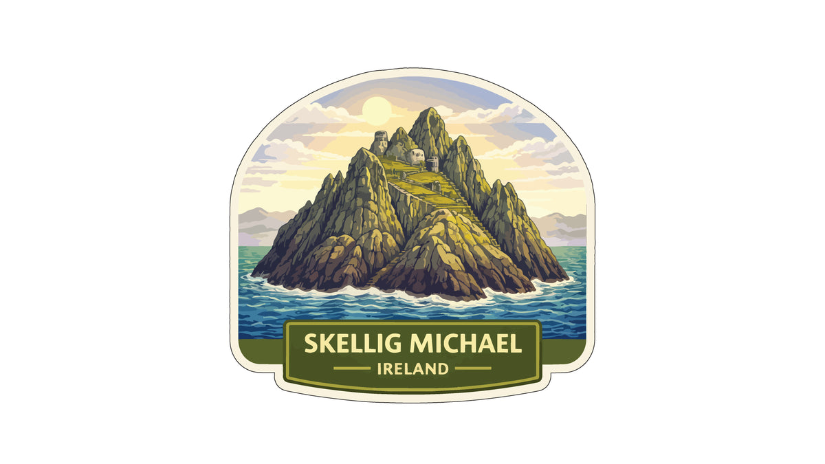 a sticker or label with a mountain landscape and a small building on top, set against a backdrop of a blue sky with clouds and a body of water.