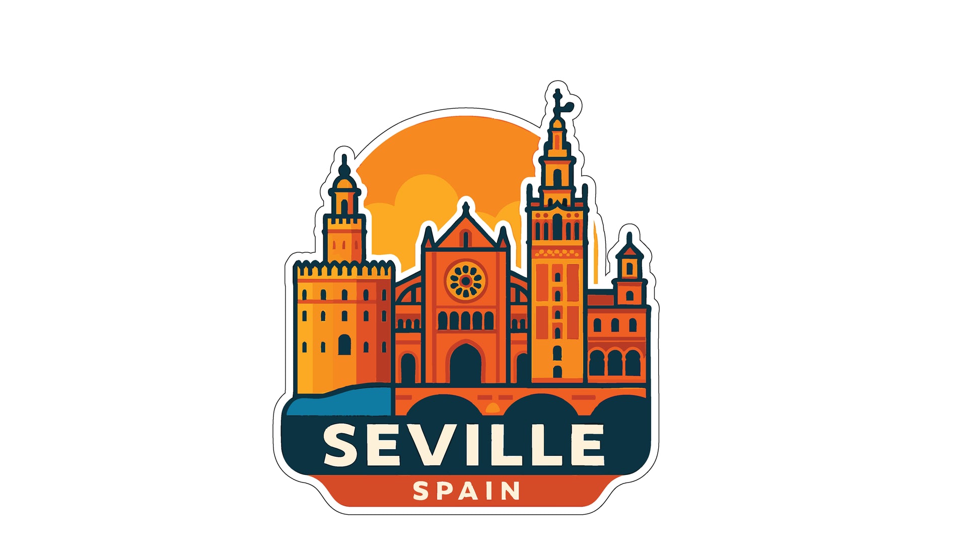 a stylized illustration of the city of Seville, Spain, with various buildings and landmarks depicted in a vibrant, colorful style.