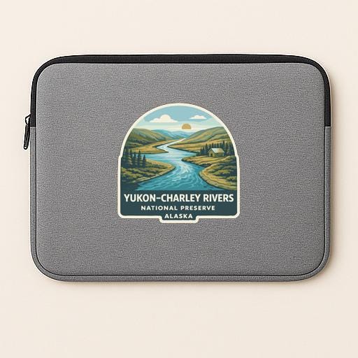 a gray laptop sleeve with a sticker that displays a scenic landscape of the Yukon-Charley Rivers National Preserve in Alaska.