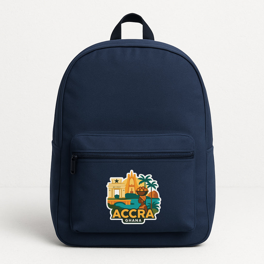 A navy blue backpack with a graphic of Accra, Ghana, printed on it.