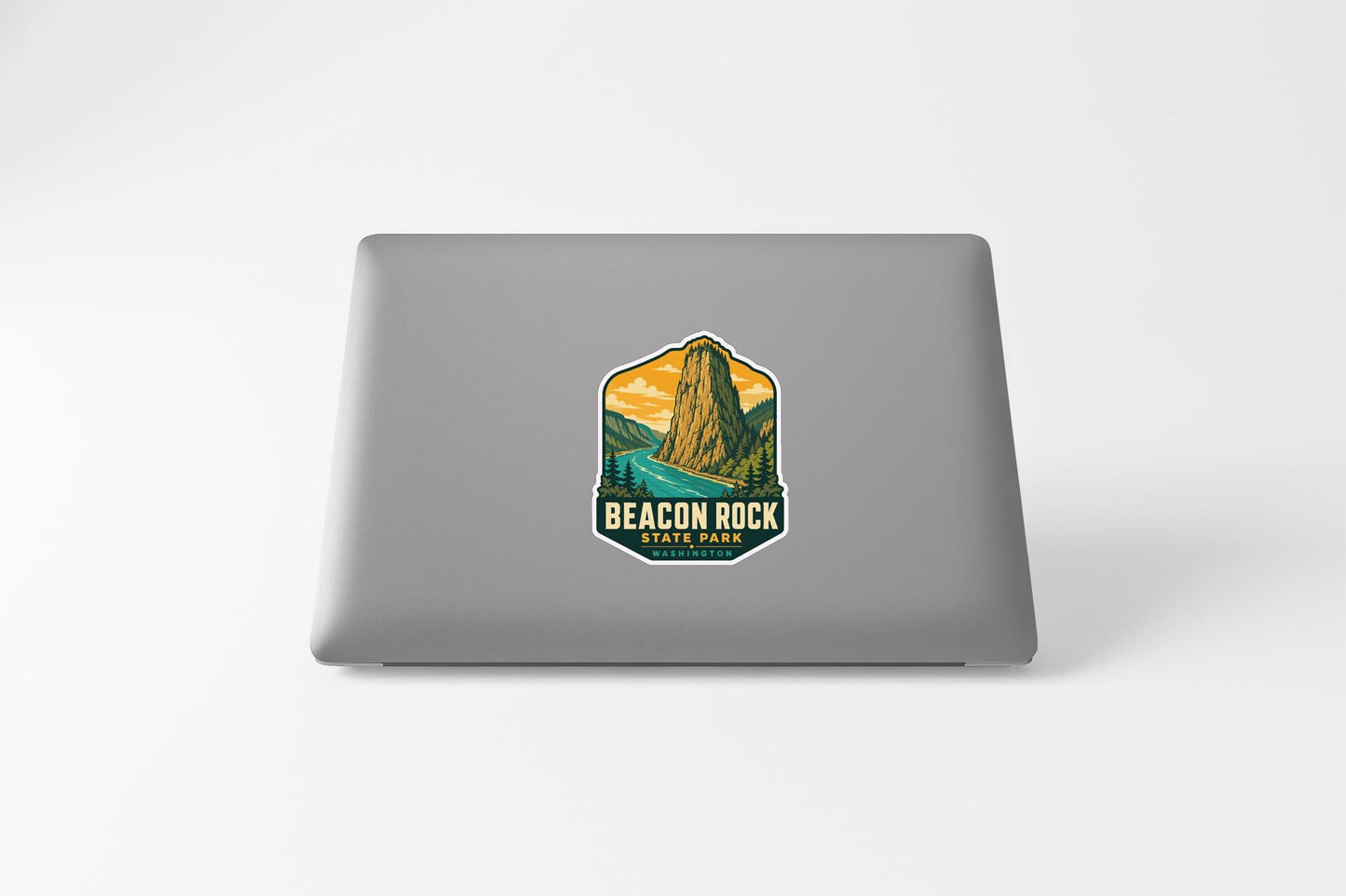 a sticker or decal of a mountain landscape with the text "BEACON ROCK STATE PARK" printed on it.