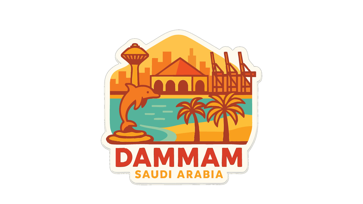 a sticker or logo with a cityscape and a dolphin, representing the city of Dammam, Saudi Arabia.