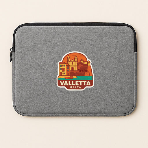 a gray laptop sleeve with a sticker of Valletta, Malta.