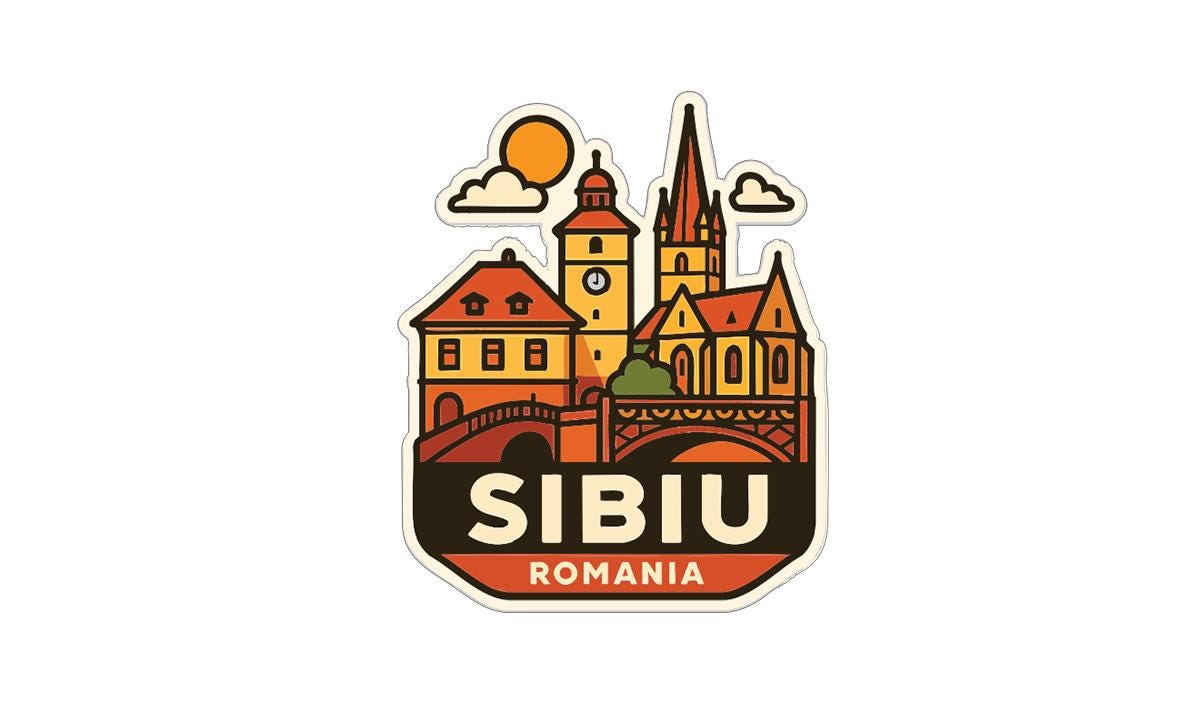a sticker or emblem with a stylized illustration of a city skyline, including a church, buildings, and a bridge. The text "SIBIU ROMANIA" is prominently displayed in the center of the image.