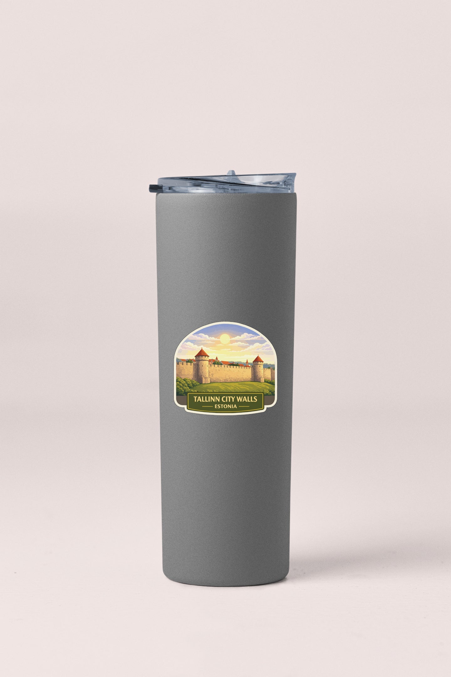 A gray insulated tumbler with a label that says "Tallinn City Walls, Estonia".