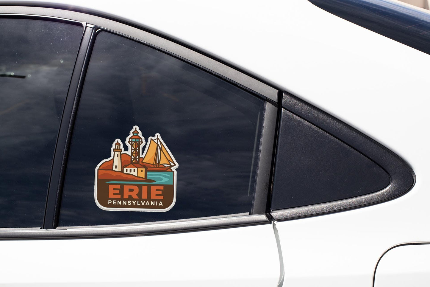 A sticker on the side of a car window, depicting a scenic view of Pennsylvania.