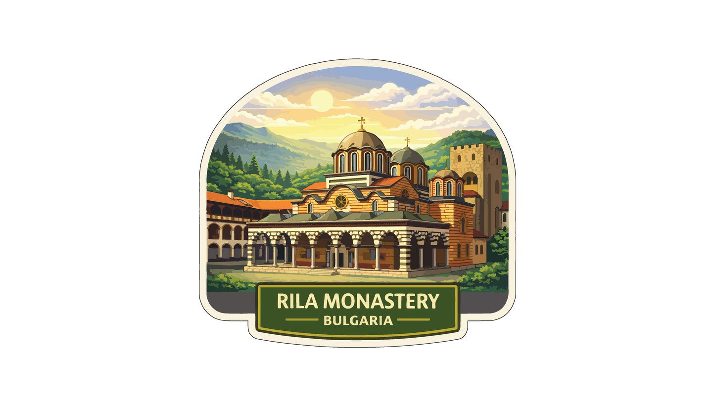a sticker or emblem depicting the Rila Monastery in Bulgaria, with a colorful and detailed illustration of the monastery surrounded by mountains and a sunset sky.