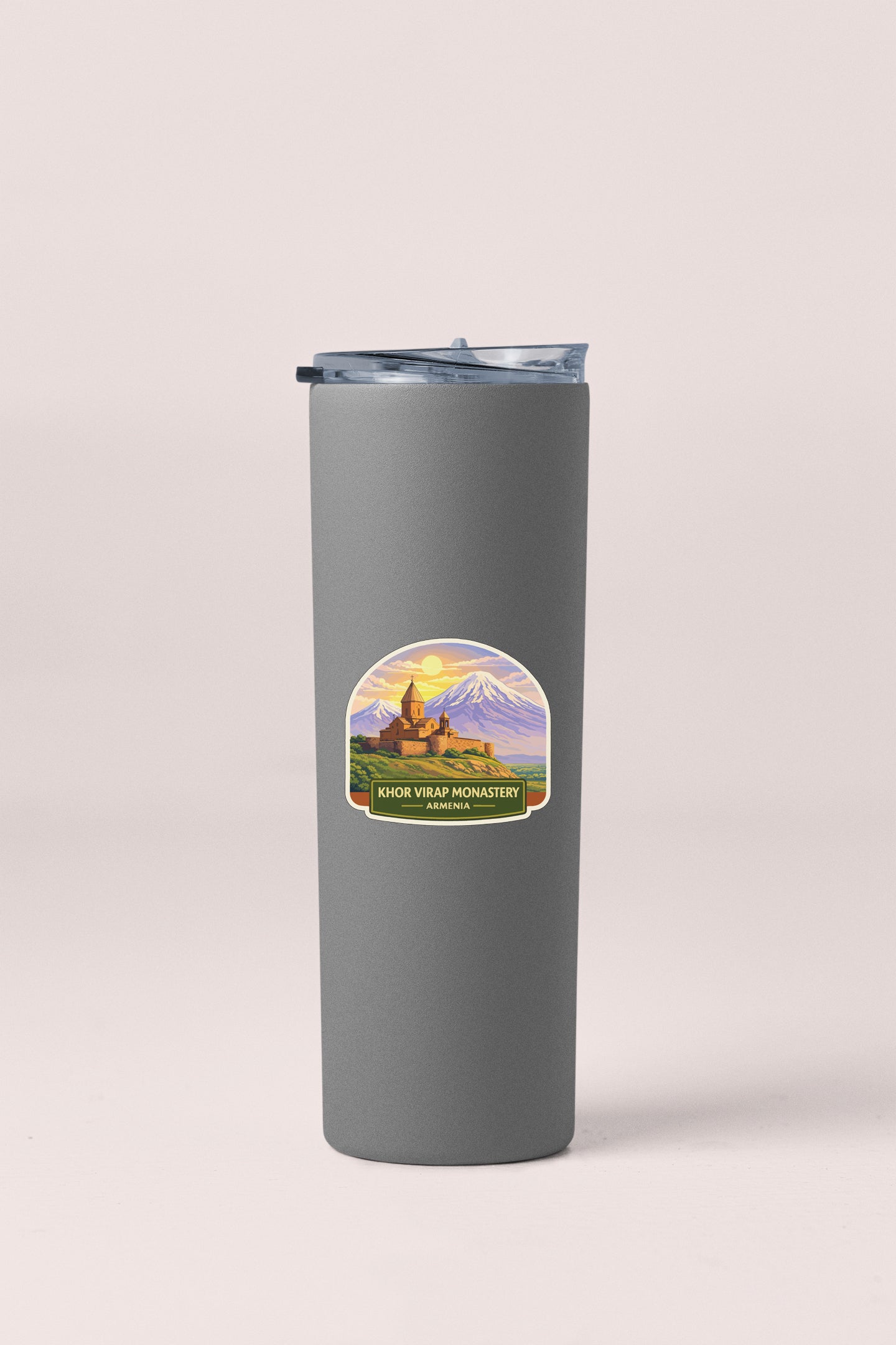 A gray insulated tumbler with a label that says "KHOR VIRAP MONASTERY ARENNA".
