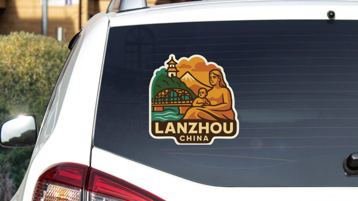 a sticker on the rear window of a car that says "Lanzhou China".