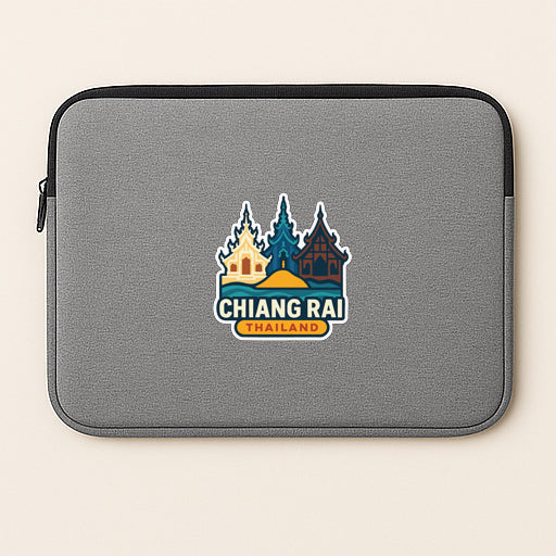 a gray laptop sleeve with a sticker depicting a cityscape and the text "CHIANG RAI THAILAND".