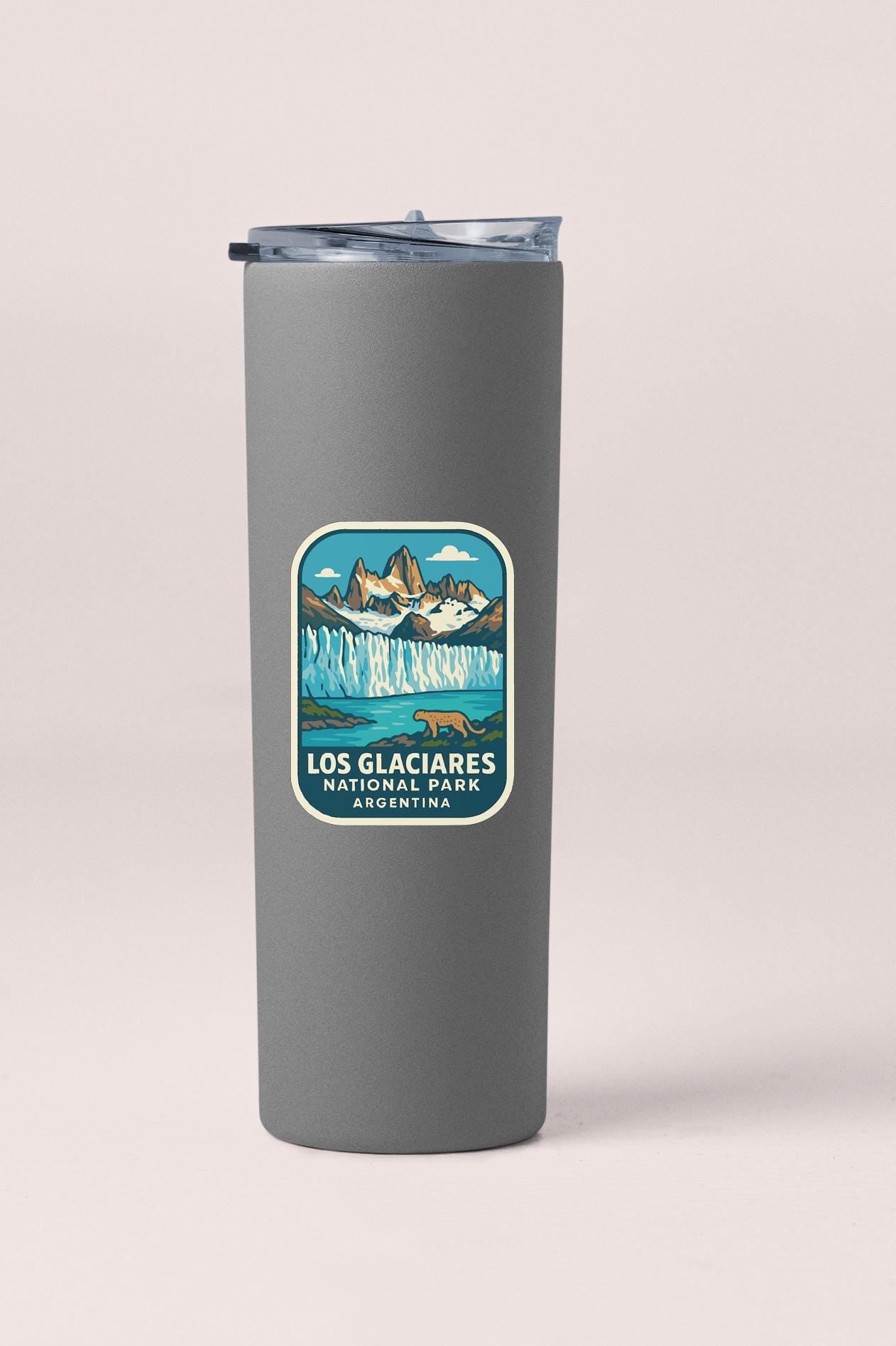 A gray insulated tumbler with a label that says "LOS GLACIÑES NATIONAL PARK ARGENTINA".