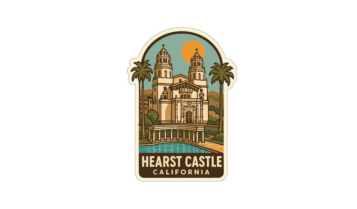 A sticker depicting the Hearst Castle in California, with a sunny sky and palm trees in the background.