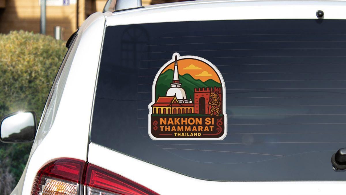 A sticker on the rear window of a white car, depicting a temple and mountains, with the text "NAKHON SI THAMMARAT THAILAND" printed on it.