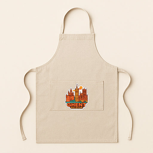 A beige apricot with a graphic of a city skyline on the front pocket.
