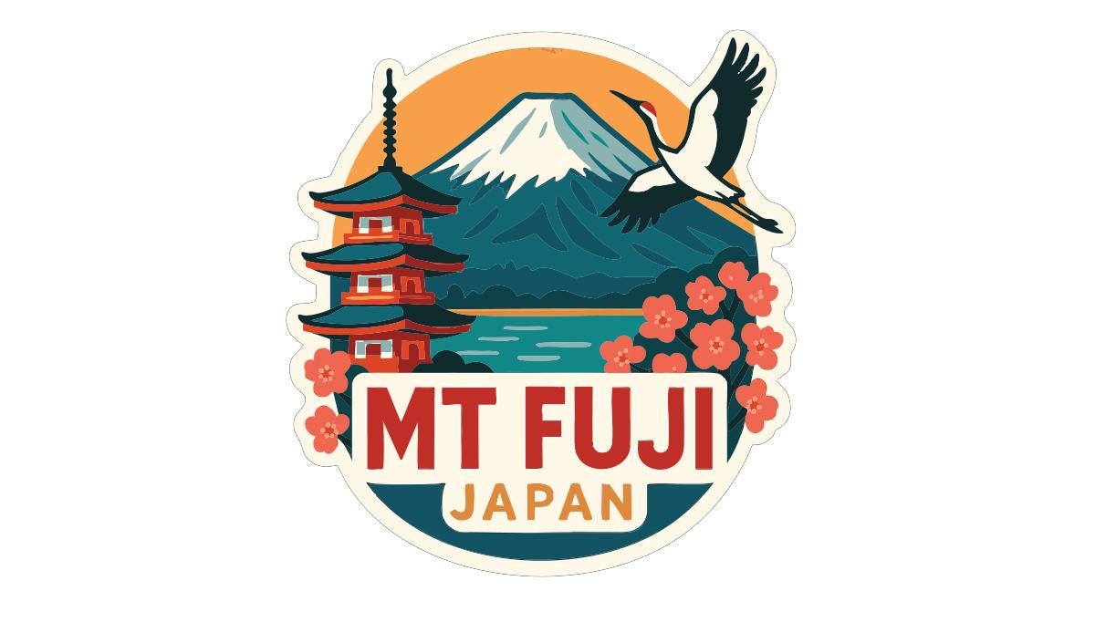 a stylized illustration of Mt Fuji, Japan, with a pagoda, a crane, and a mountain in the background.