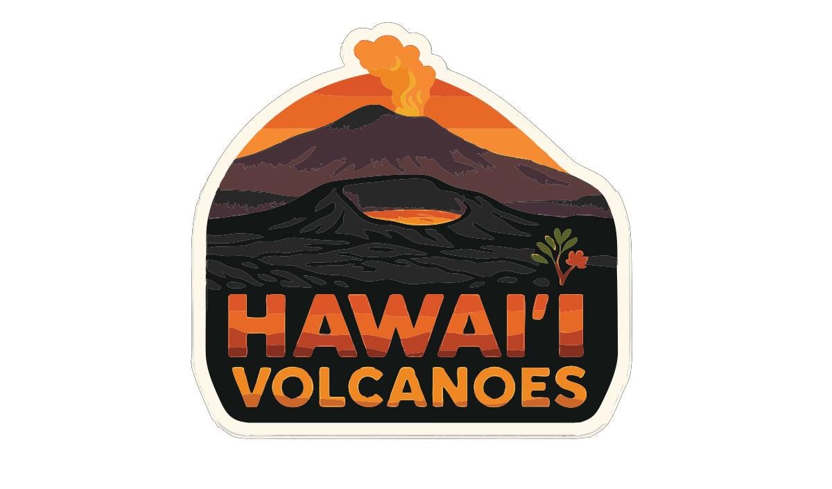 A sticker depicting a volcano with an orange and black background, with the text "HAWAII'I VOLCANOES" prominently displayed.