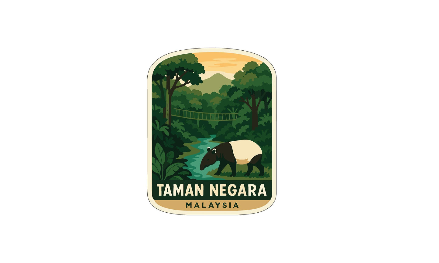 a sticker or label with a tropical forest scene and a tambourine-playing animal, likely a tambourine, in the background.