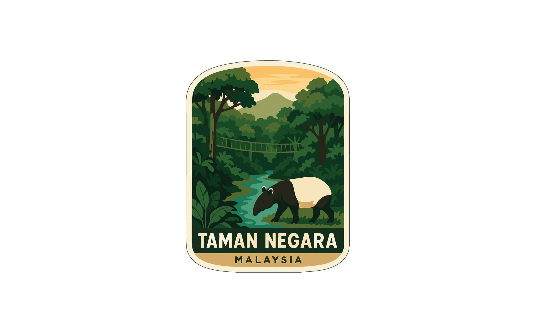 a sticker or label with a tropical forest scene and a tambourine-playing animal, likely a tambourine, in the background.