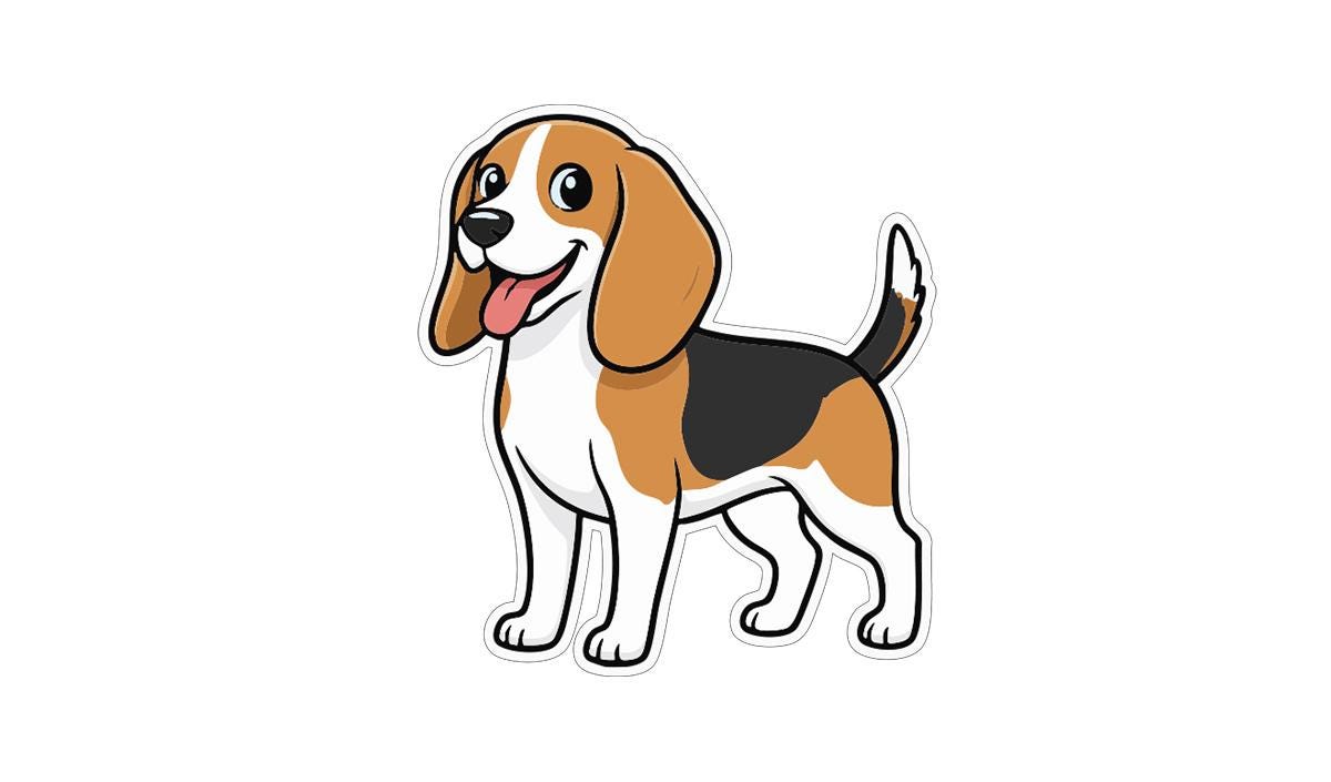 A cartoon illustration of a beagle dog with a friendly expression.