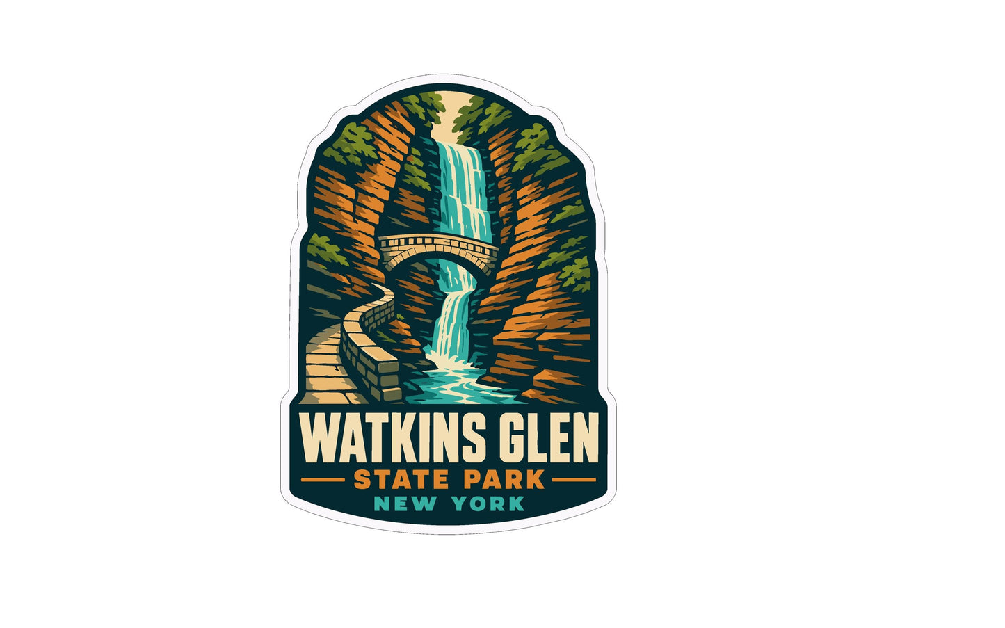 A sticker or logo depicting a waterfall surrounded by a forest, with a bridge in the background. The text "WATKINS GLEN STATE PARK NEW YORK" is prominently displayed, indicating the location of the scene.