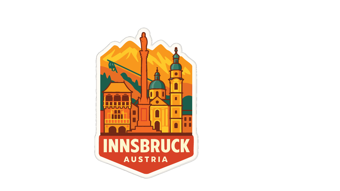 A sticker depicting the city of Innspruck, Austria, with various landmarks and buildings in a stylized illustration.