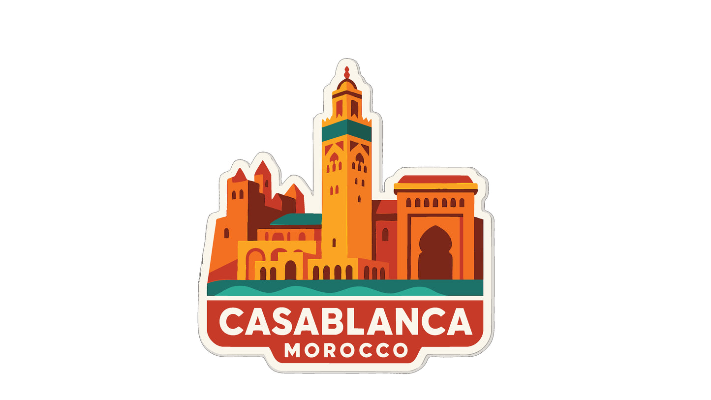 a stylized illustration of Casablanca, Morocco, with a tall tower and other buildings in the background.