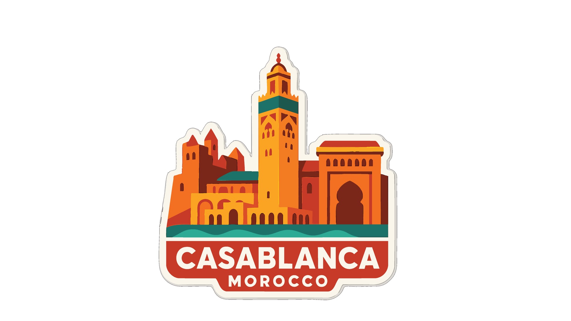 a stylized illustration of Casablanca, Morocco, with a tall tower and other buildings in the background.