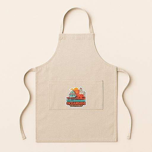 A beige apricot with a colorful graphic of a coastal scene on the front pocket.