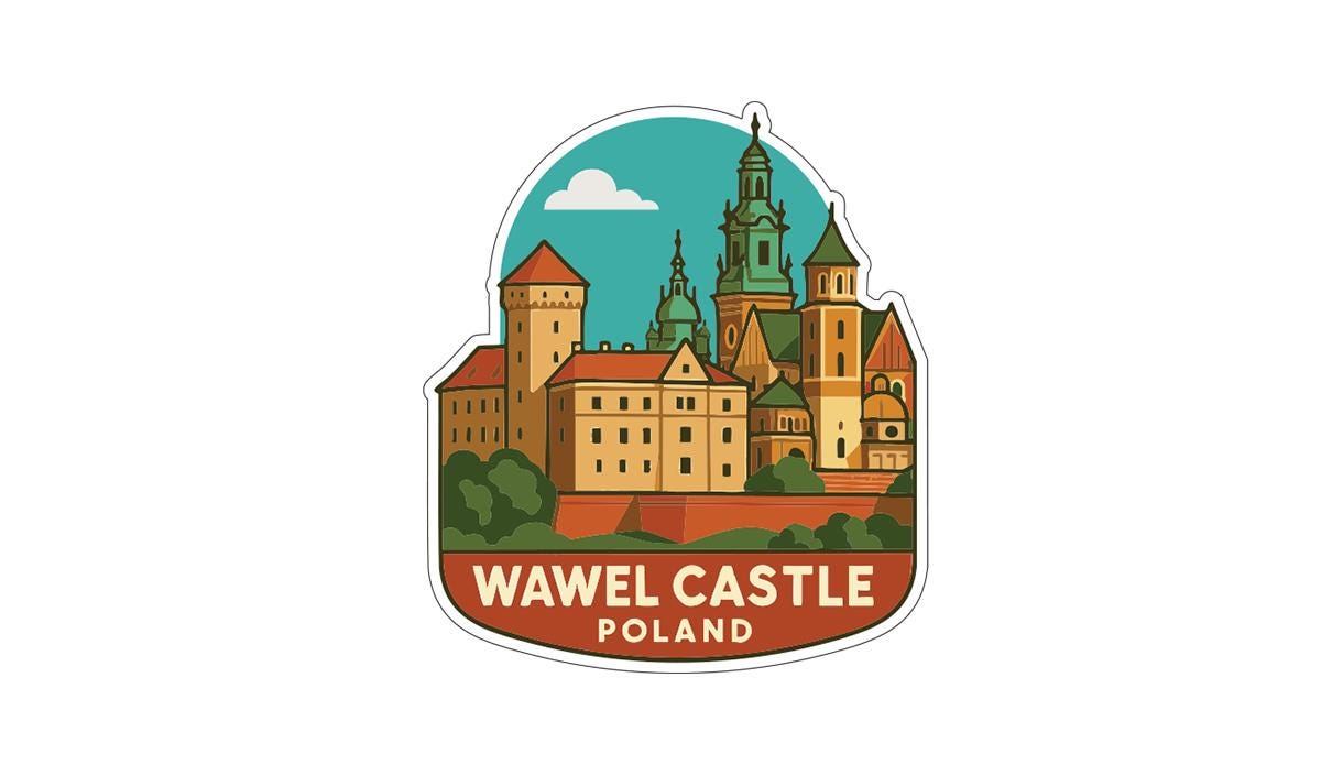 A sticker depicting the Wawel Castle in Poland, featuring a colorful illustration of the castle's architecture and surrounding landscape.