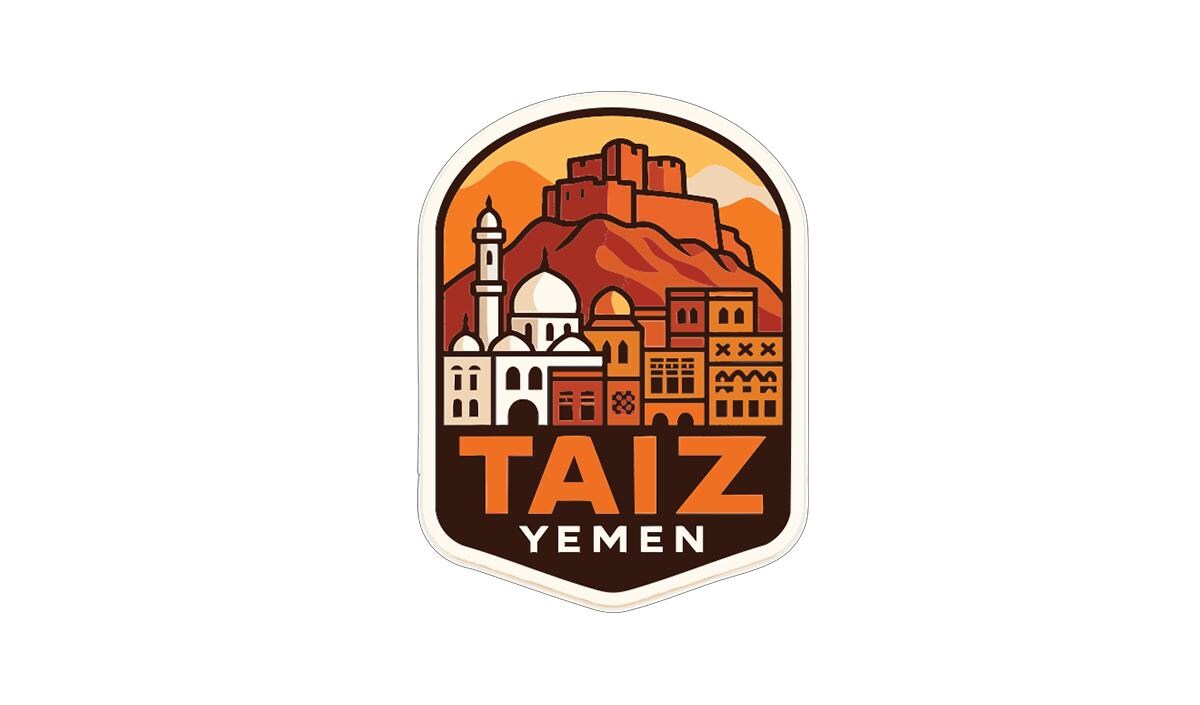 a stylized illustration of a cityscape with a mountain in the background, along with the text "TAIZ YEMEN" prominently displayed.