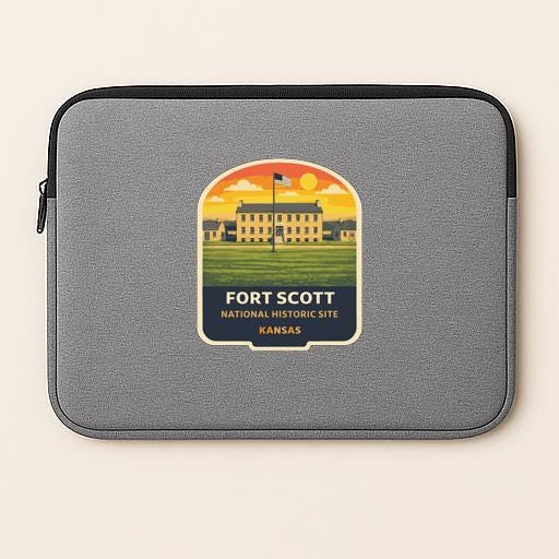 A gray laptop sleeve with a graphic design depicting the Fort Scott National Historic Site in Kansas.
