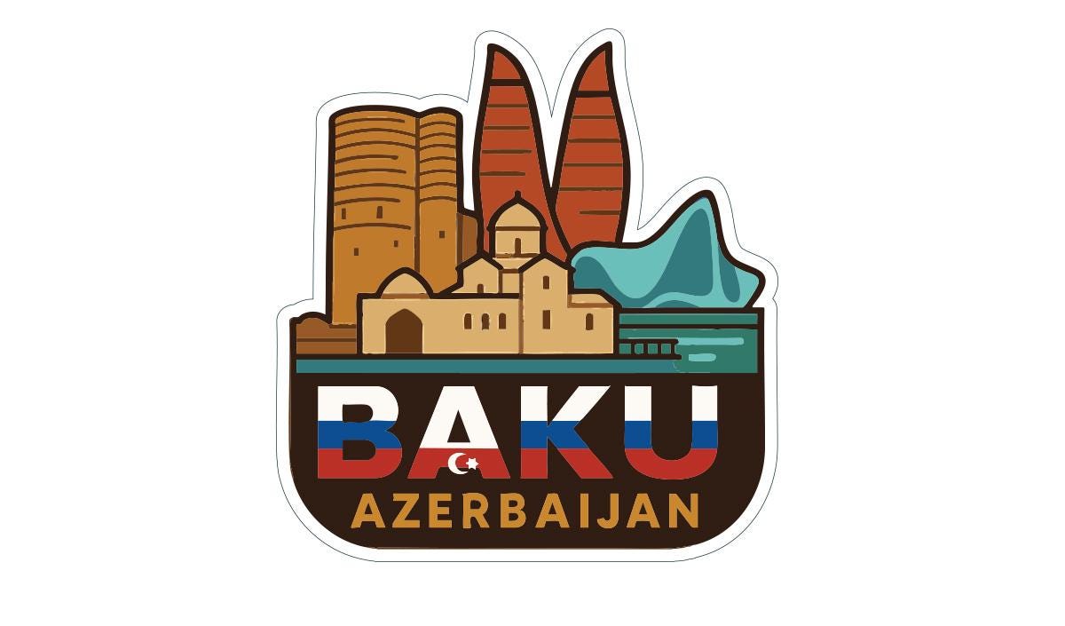 a sticker or logo with the text "BAKU AZERBAJAN" and a stylized illustration of a city skyline with buildings and landmarks.
