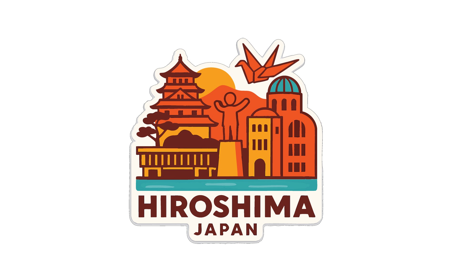 A sticker depicting the skyline of Hiroshima, Japan, with various buildings and landmarks, including a pagoda and a temple, along with a bird in flight.