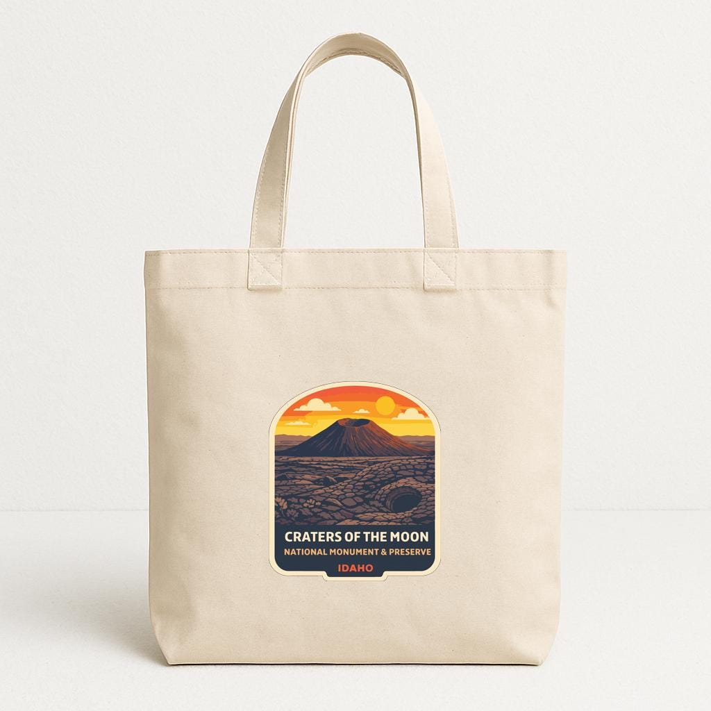 A beige tote bag with a graphic design depicting a mountain landscape at sunset, featuring the text "Craters of the Moon" and "National Monuments and Preserves Idaho".