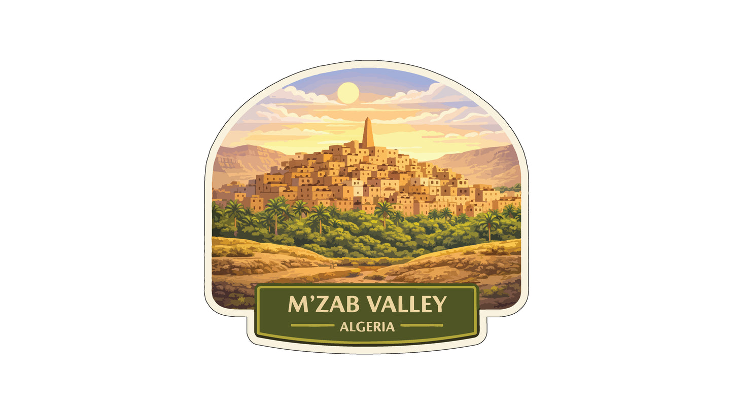 a scenic view of the M'Zab Valley in Algeria, showcasing a picturesque town nestled among rolling hills and lush greenery.