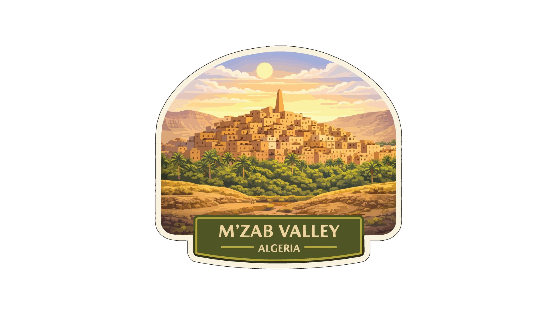 a scenic view of the M'Zab Valley in Algeria, showcasing a picturesque town nestled among rolling hills and lush greenery.