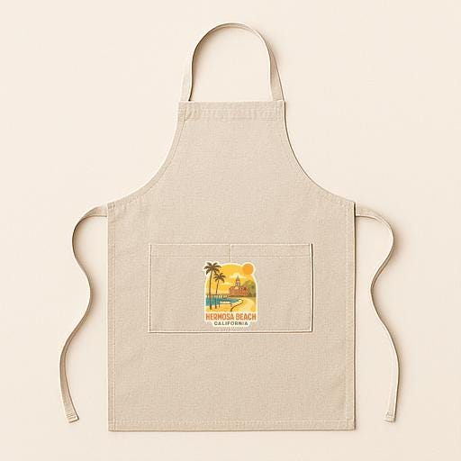 A beige apricot with a graphic of a beach and palm trees printed on it, along with the text "Heskoka Beach, California".