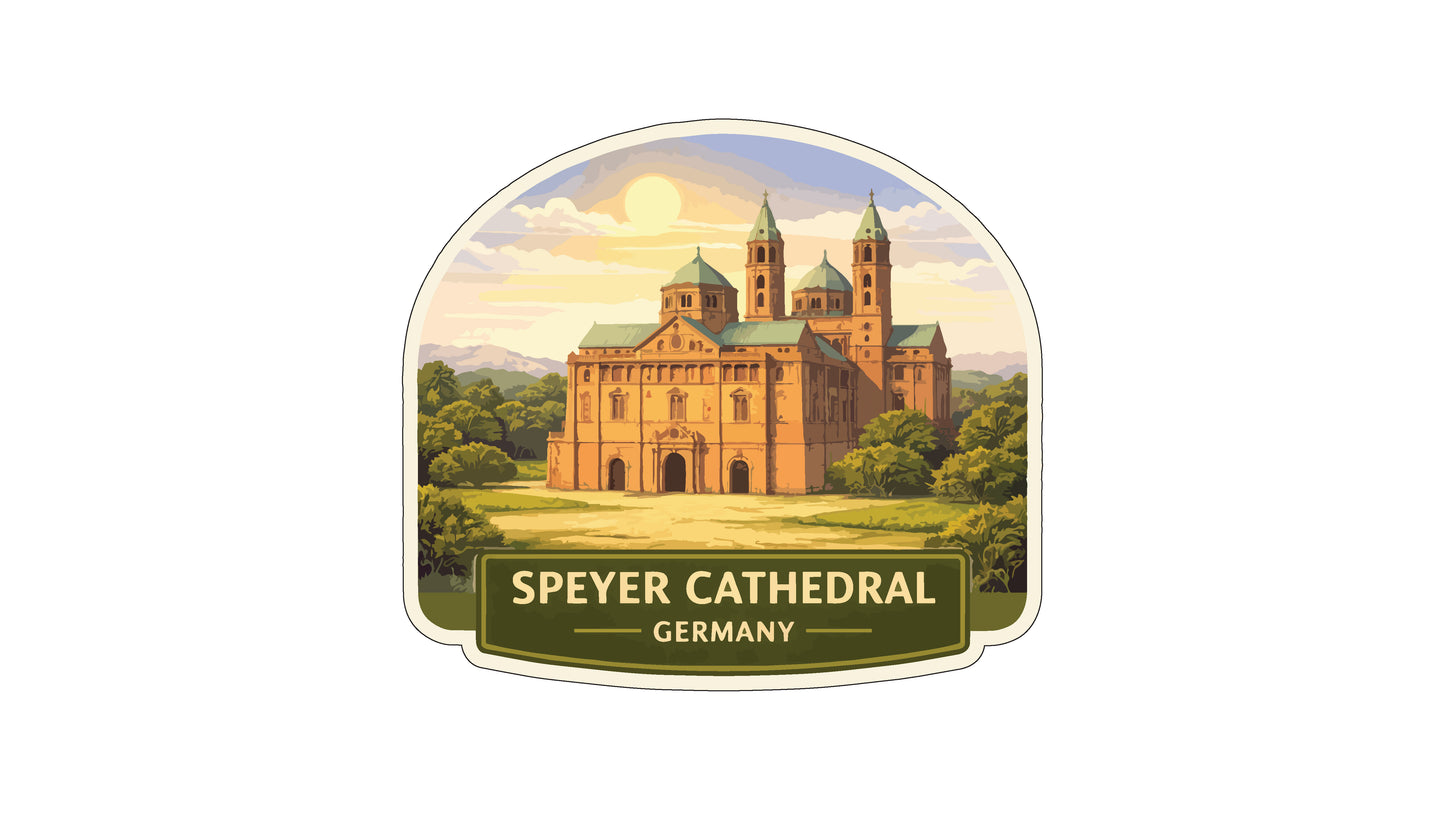 the Speyer Cathedral in Germany, a large and ornate church with two towering spires and a central entrance.
