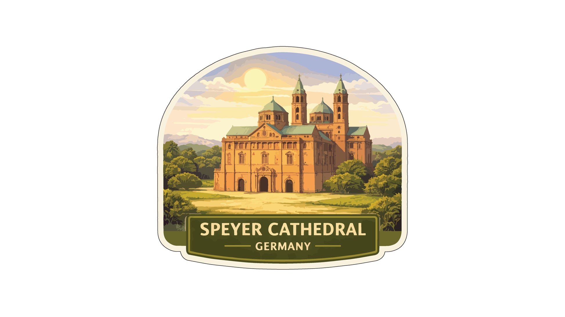the Speyer Cathedral in Germany, a large and ornate church with two towering spires and a central entrance.