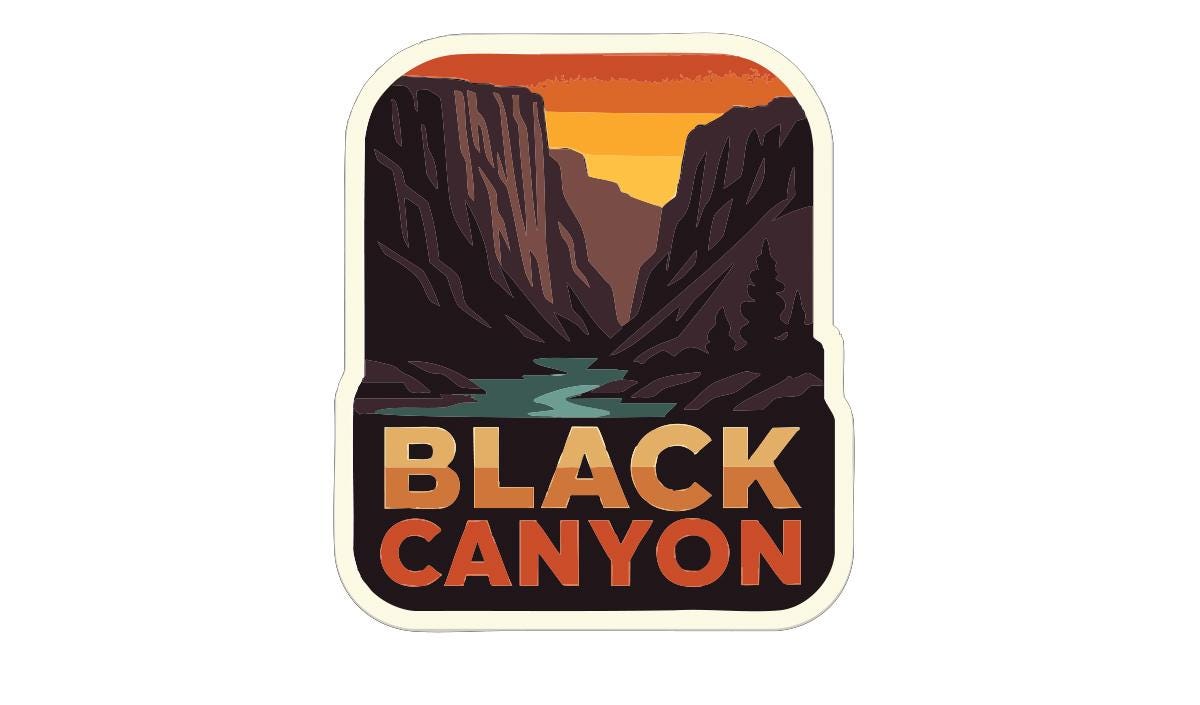 A sticker or label featuring a scenic illustration of the Black Canyon, with a sunset in the background and a river flowing through the landscape.