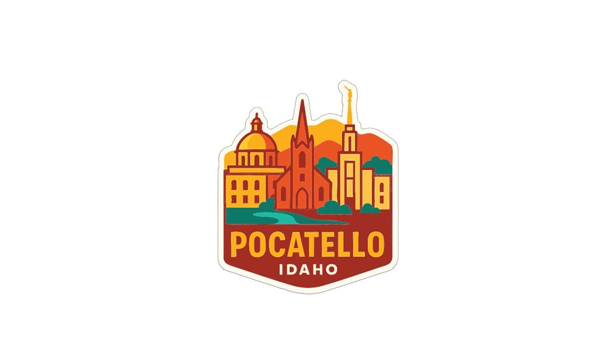 A sticker or emblem featuring the city of Pocatello, Idaho, with various buildings and landmarks depicted in a stylized manner.