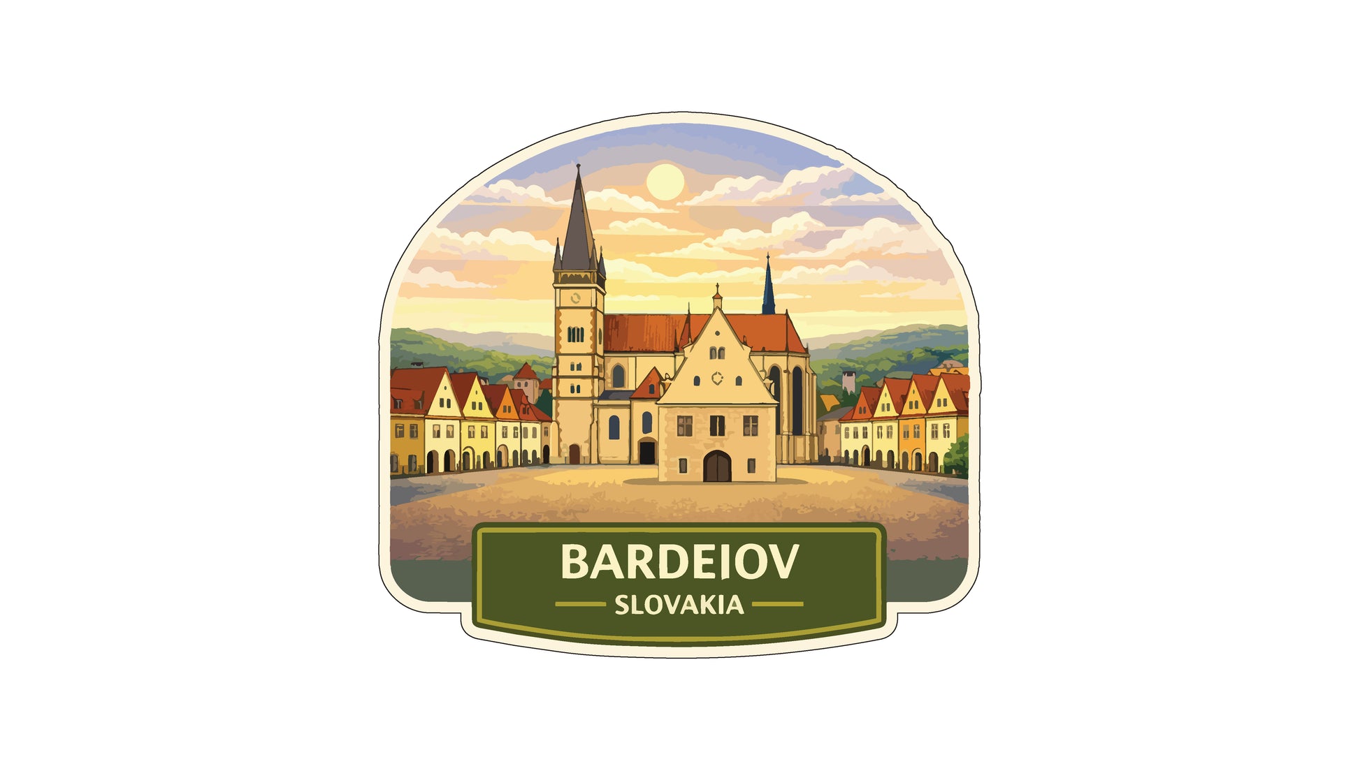 a picturesque town in Slovakia, with a church and other buildings set against a backdrop of a cloudy sky and a bright sun.