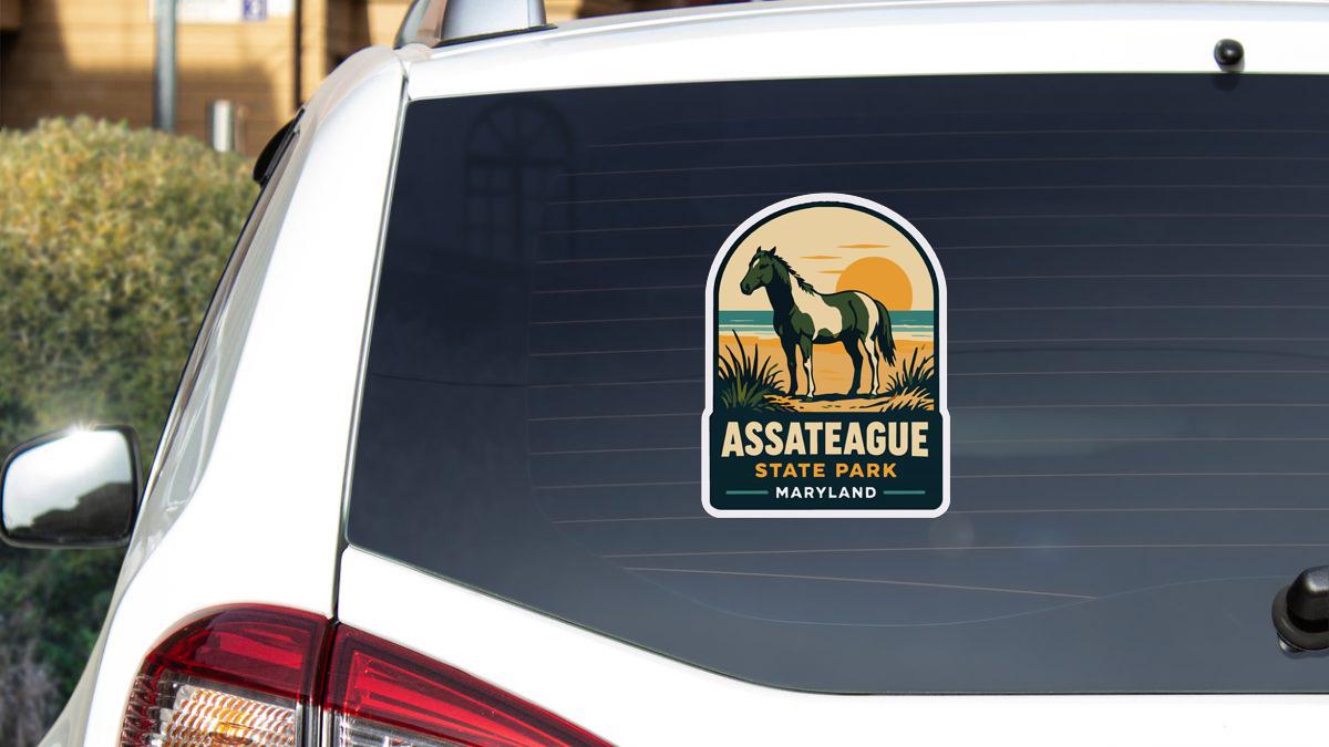 A sticker on the rear window of a white car, depicting a horse and the text "ASSATEague State Park Maryland".