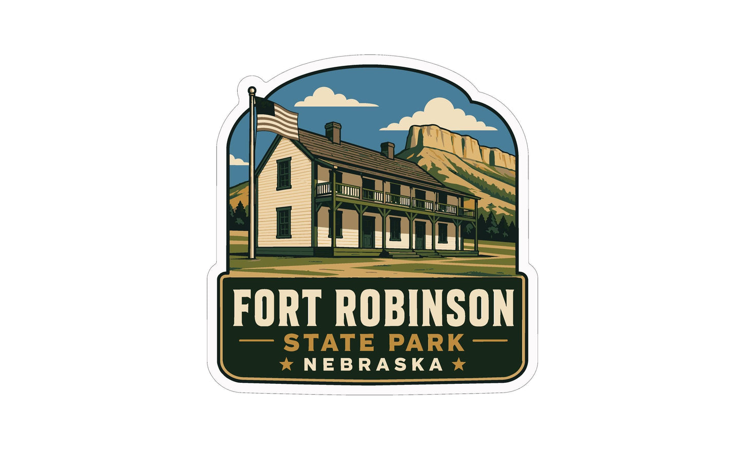 A sticker or emblem featuring a two-story house with a porch, set against a backdrop of mountains and a flagpole, with the text "FORT ROBINSON STATE PARK NEBRASKA" prominently displayed.