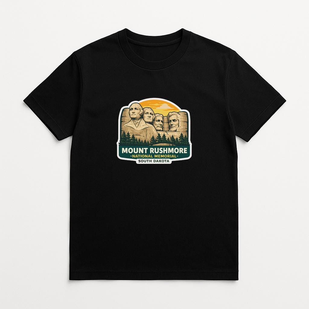A black t-shirt with a graphic design featuring the Statue of Liberty and Mount Rushmore, along with the text "Mount Rushmore, South Dakota".