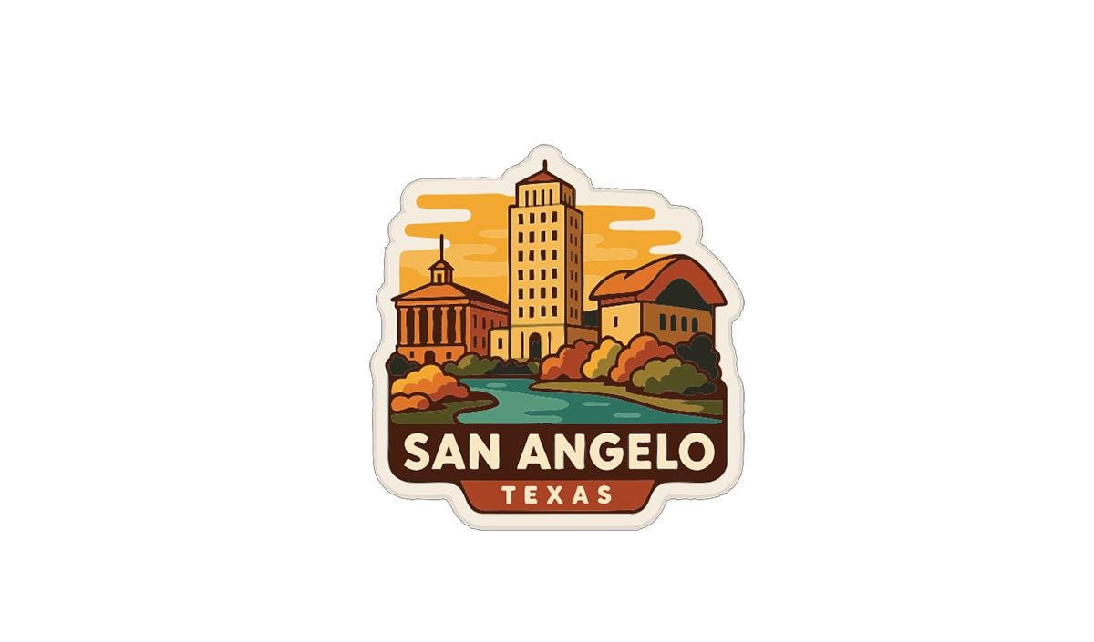 A sticker or emblem featuring the city of San Angelo, Texas, with a tall building, a river, and other landmarks.