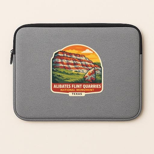 a gray laptop sleeve with a colorful graphic depicting a mountain landscape and the text "Alibates Flint Quarries National Monument, Texas".