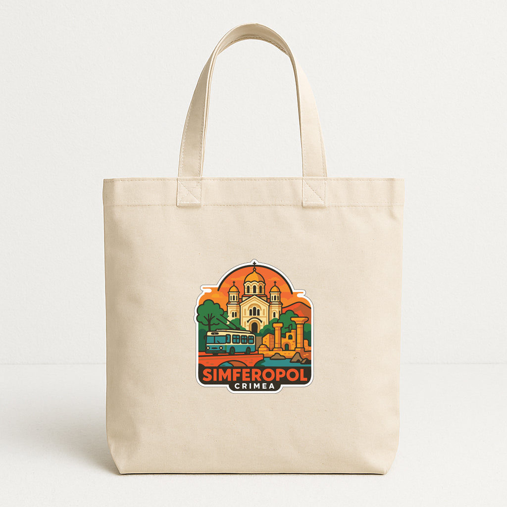 A beige tote bag with a printed design depicting a cityscape and a castle, along with the text "SIMFEROPOL CRIMEA".